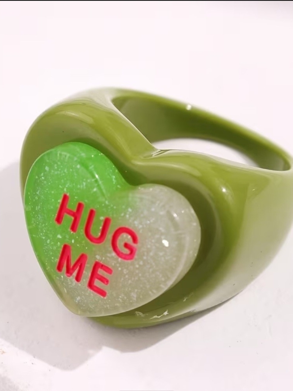 Olive Green 'HUG ME' Heart Ring - Playful Resin Statement